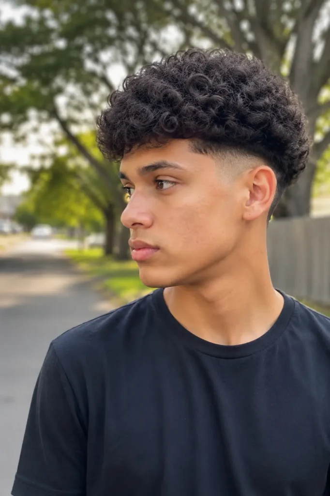 Teenage boy with a short curly fade haircut featuring defined natural curls on top and clean faded sides, wearing a black casual t-shirt outdoors in natural light