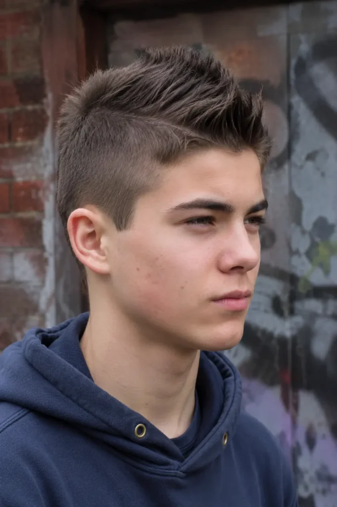 teenage boy with a short faux hawk haircut featuring a textured center section and tapered sides, wearing a navy hoodie outdoors in an urban setting with natural light.