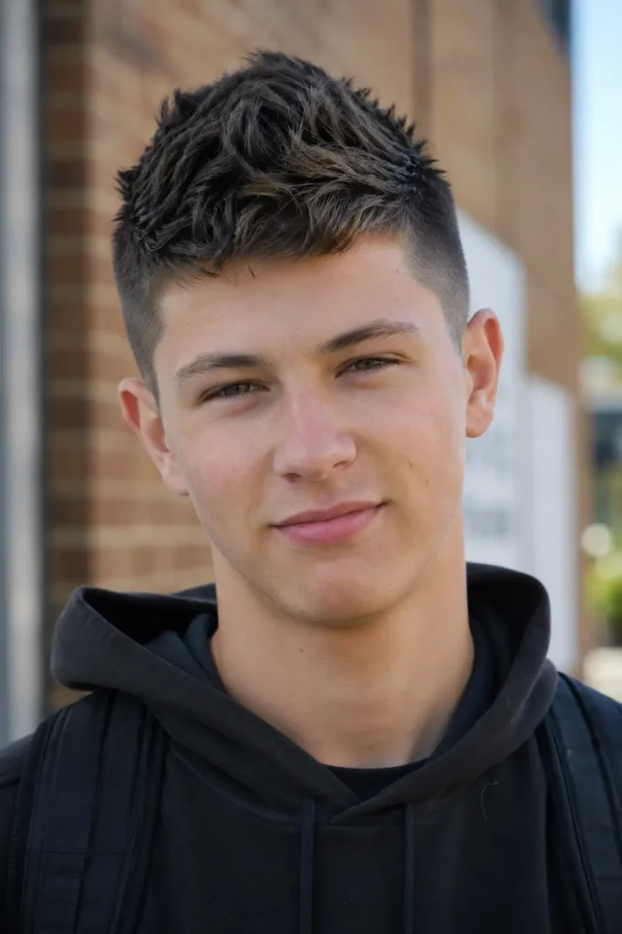 teenage boy with a short faux hawk haircut featuring a textured center section and tapered sides, wearing a black hoodie outdoors in an urban setting
