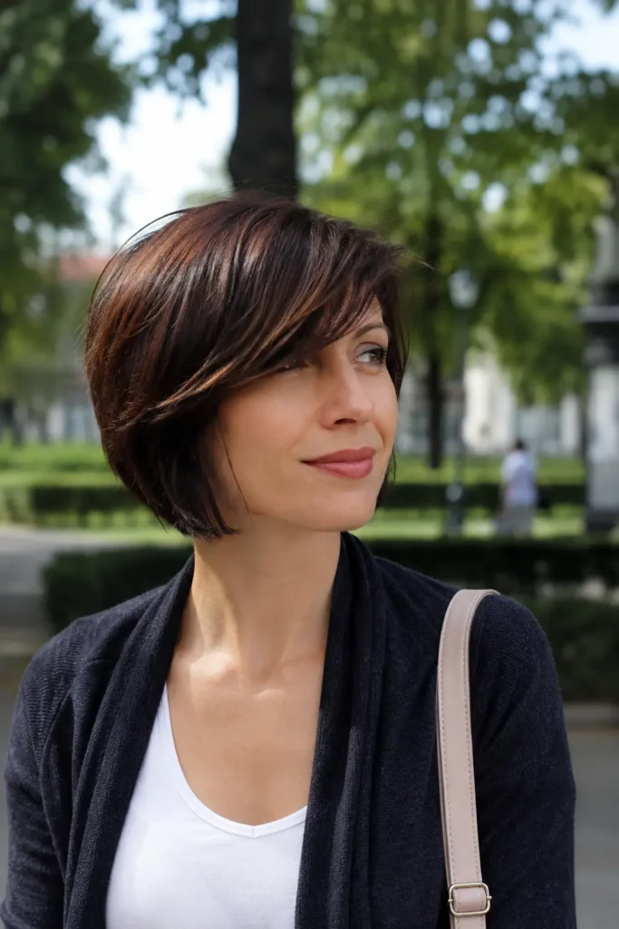woman aged 28–48 with a short layered bob haircut and side fringe, glossy brunette hair, and natural makeup standing in an outdoor city park. The upper-body portrait highlights her sleek hairstyle, realistic skin texture, and elegant casual outfit