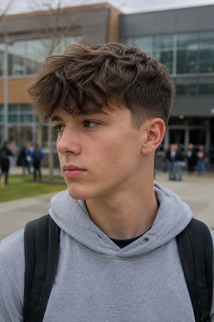 teenage boy with a short messy fringe haircut and tapered sides, wearing a gray hoodie outdoors on a school campus, with natural hair texture and a realistic, casual appearance.