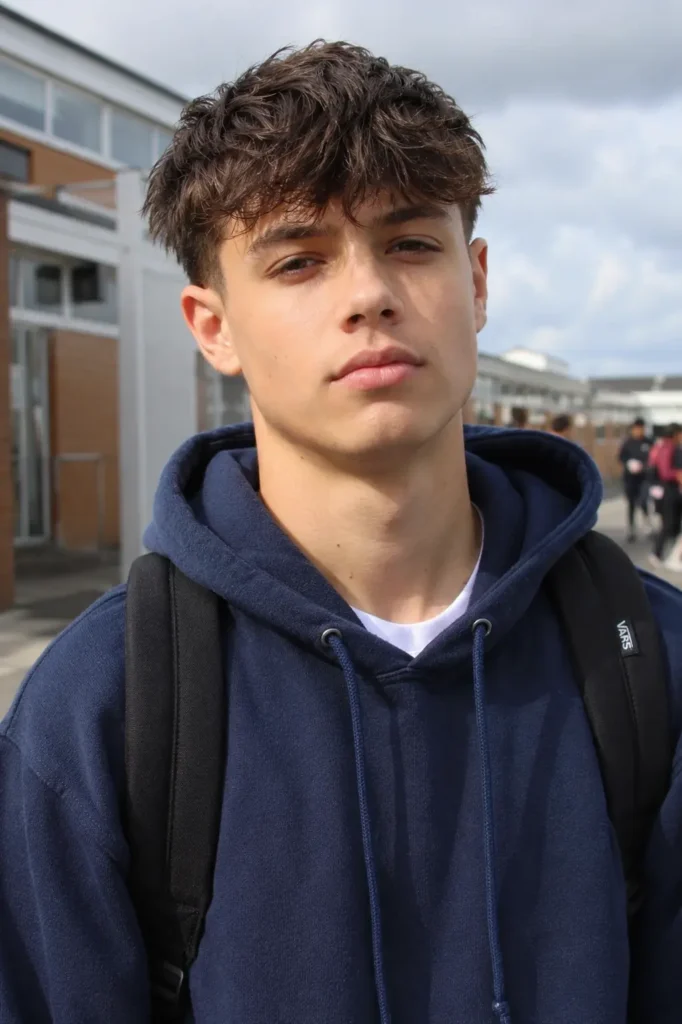 teenage boy with a short messy fringe haircut and tapered sides, wearing a navy blue hoodie and backpack, standing outdoors on a school campus