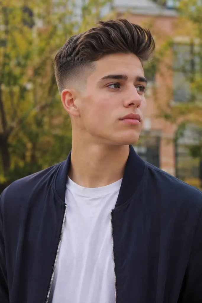teenage boy with a short pompadour fade haircut featuring lifted volume at the front and clean faded sides, standing outdoors in natural daylight. He has authentic facial features, realistic skin texture, healthy dark hair, and wears a navy blue casual jacket over a white t-shirt