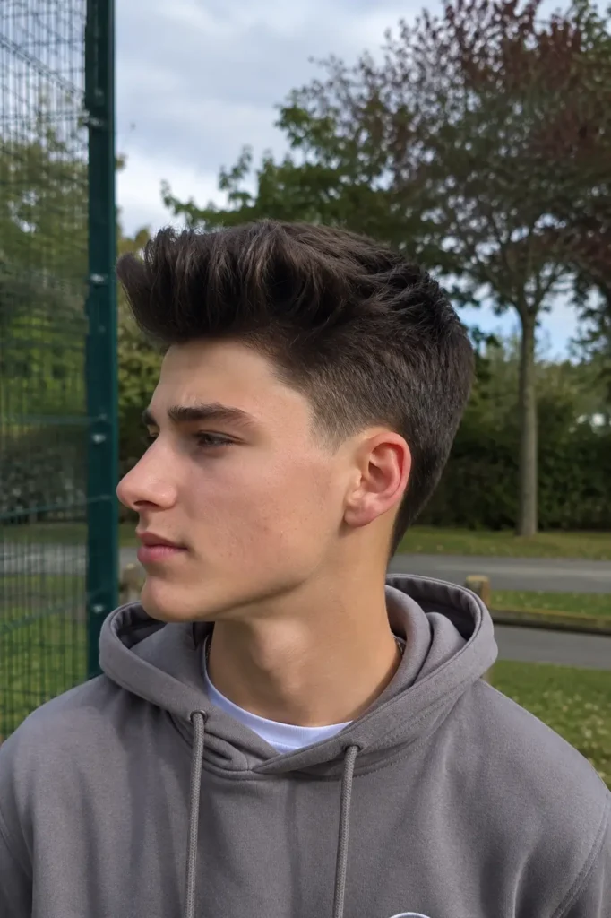 eenage boy with a short quiff haircut and lifted front hair, featuring tapered sides and healthy dark hair texture. He wears a casual gray sweatshirt and stands outdoors in natural daylight, with realistic facial features and natural skin texture.