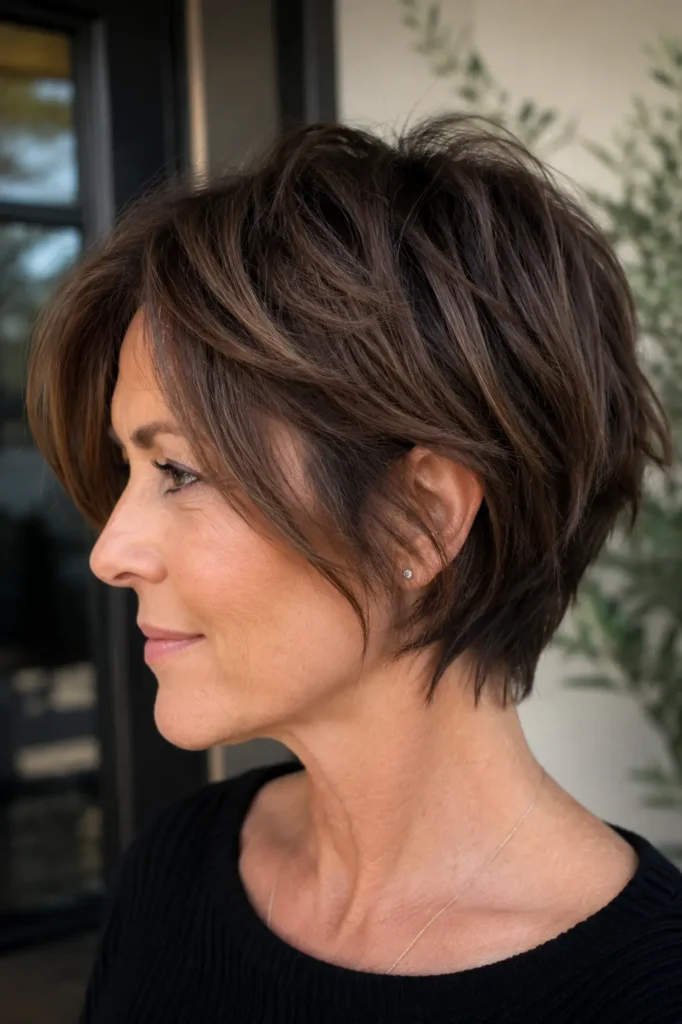 Close-up vertical portrait of a real woman over 40 with a short razor-cut bob hairstyle featuring feathered, textured ends. Her brunette hair has natural movement, soft layers, and subtle shine, with the haircut as the main focus. 