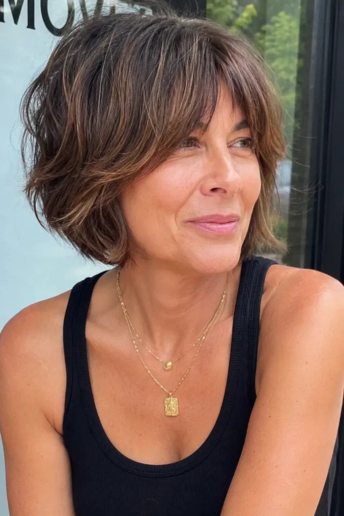 Close-up portrait of a real woman over 40 with a short shag haircut and soft curtain fringe, featuring layered texture, natural volume, and brunette hair with subtle highlights. The hairstyle is the focal point, showcasing tousled layers and movement in natural daylight