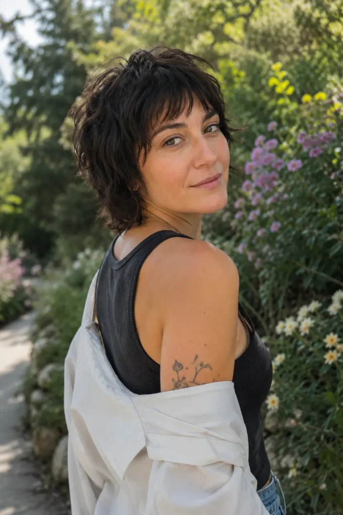 woman with a short shag haircut and wispy bangs, dark brunette hair, and natural skin texture posing in a floral garden. She wears a stylish casual outfit and looks over her shoulder toward the camera