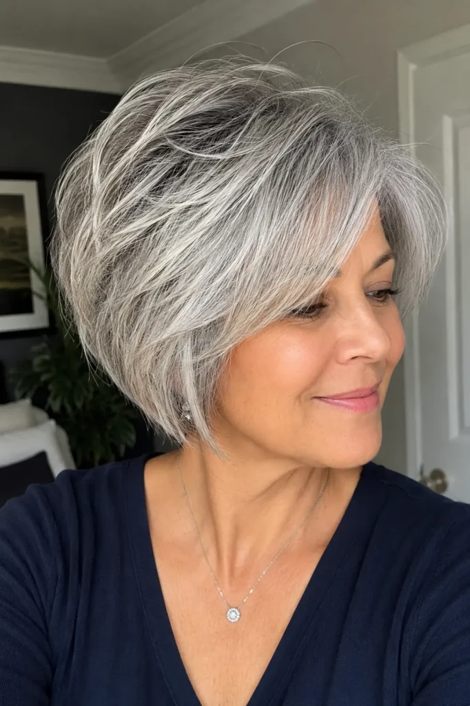 woman over 40 with a short silver layered bob haircut, showcasing natural gray hair with soft textured layers and dimensional shine. Close-up portrait in natural indoor lighting, highlighting the hairstyle's volume, movement, and face-framing layers.