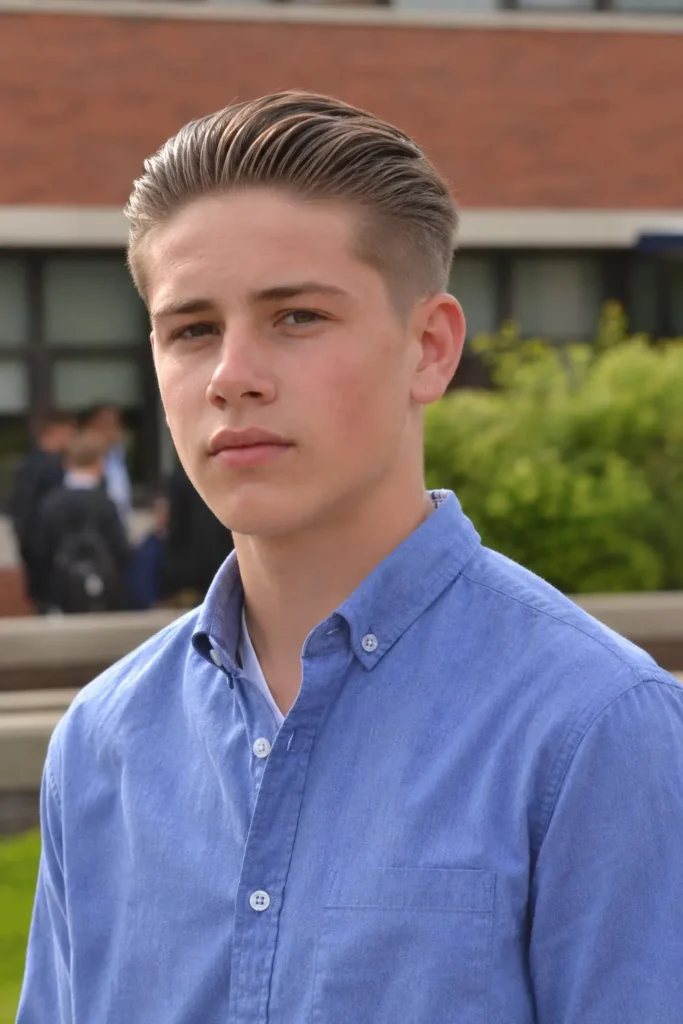 teenage boy with a short slick back haircut and tapered sides, wearing a light blue button-up shirt outdoors on a school campus in natural daylight