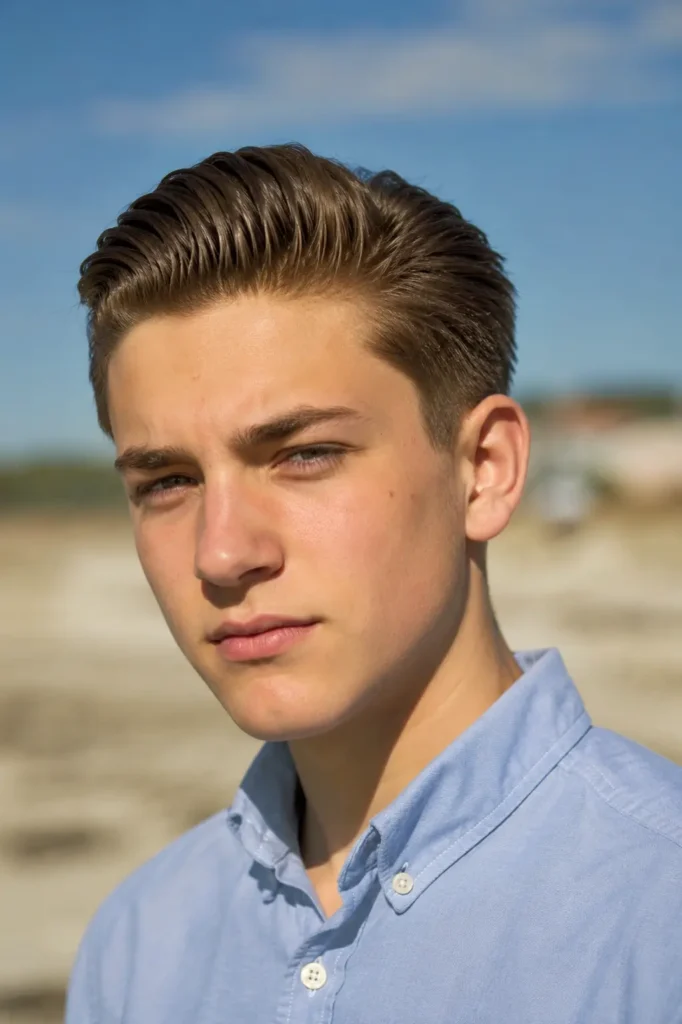 teenage boy with a short slick back haircut and tapered sides, wearing a light blue button-up shirt outdoors in natural sunlight. The hairstyle is neatly brushed back, showcasing healthy hair texture and a realistic teenage appearance with authentic facial features and natural skin texture
