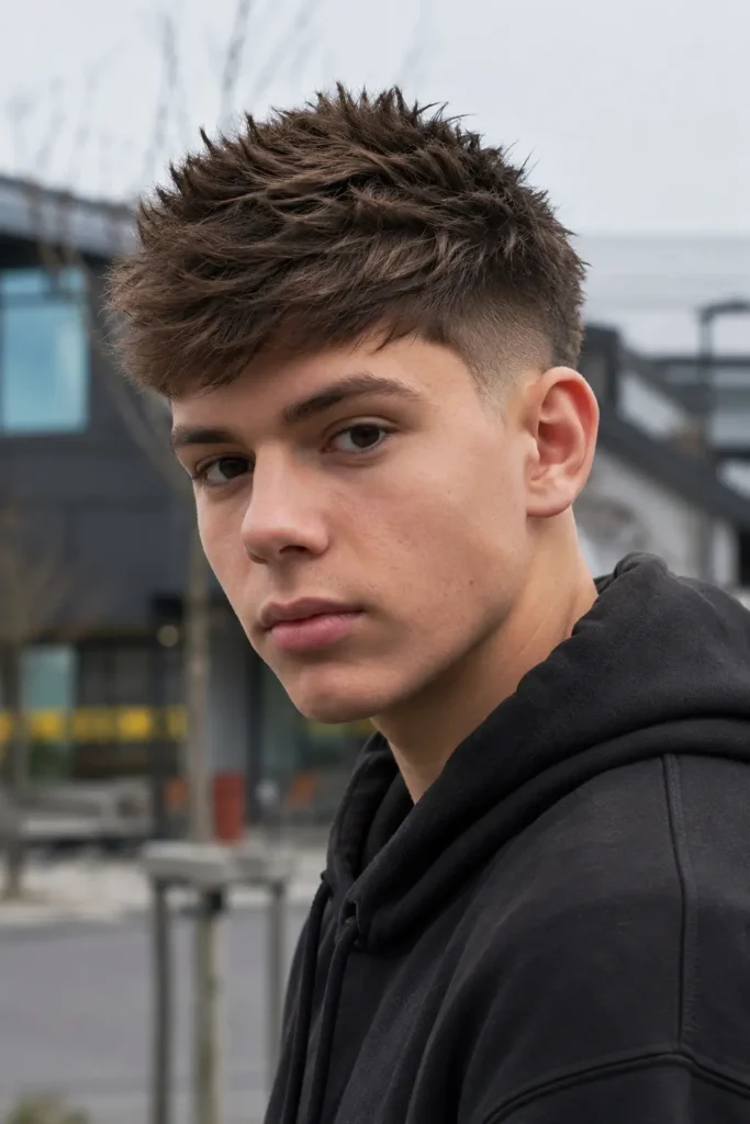 eenage boy with a short spiky haircut featuring textured spikes on top and tapered sides, wearing a black hoodie in an outdoor urban setting.