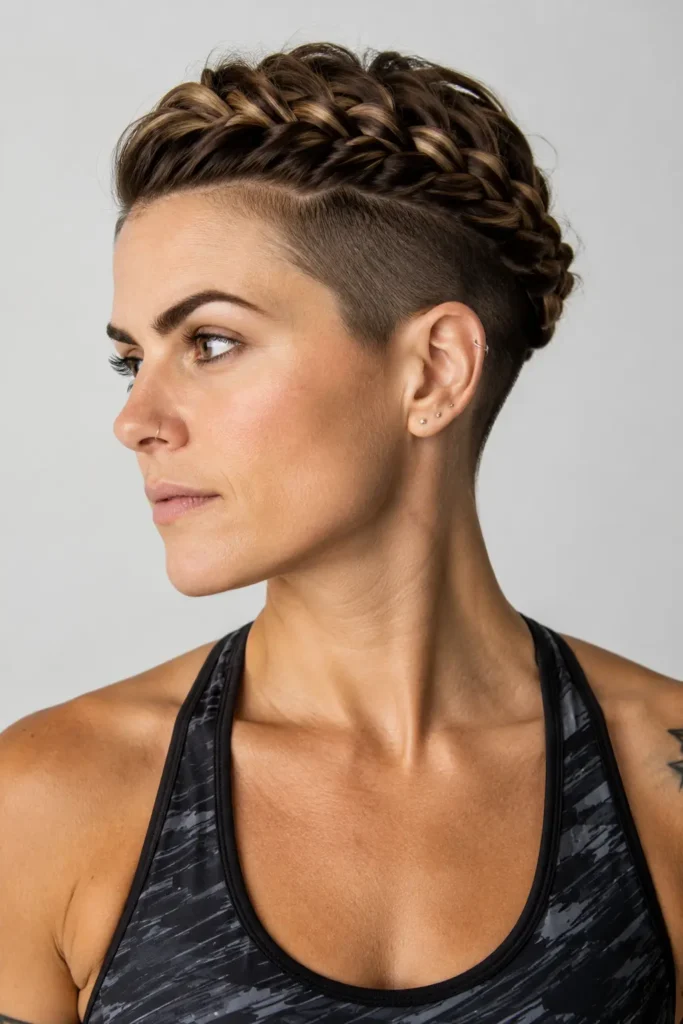 woman with a short crown undercut hairstyle featuring a thick braided crown wrapped around the head and a clean shaved undercut beneath. She wears a sleeveless black fitness top and is photographed against a neutral background