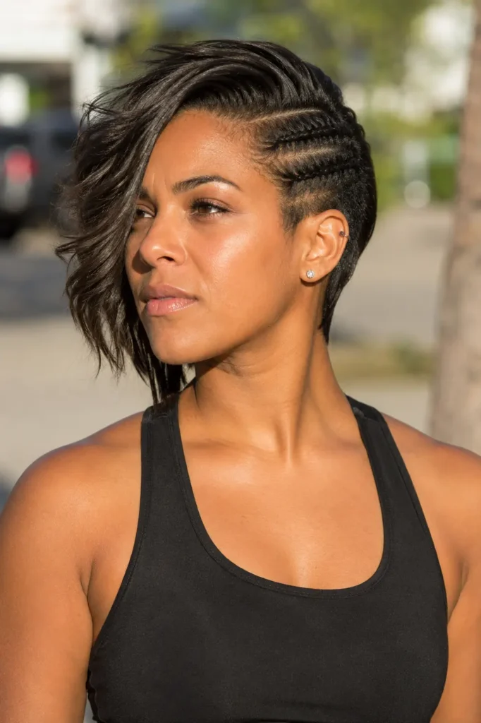 woman with a short side-swept hairstyle featuring small accent braids on one side, wearing a fitted black athletic tank top outdoors