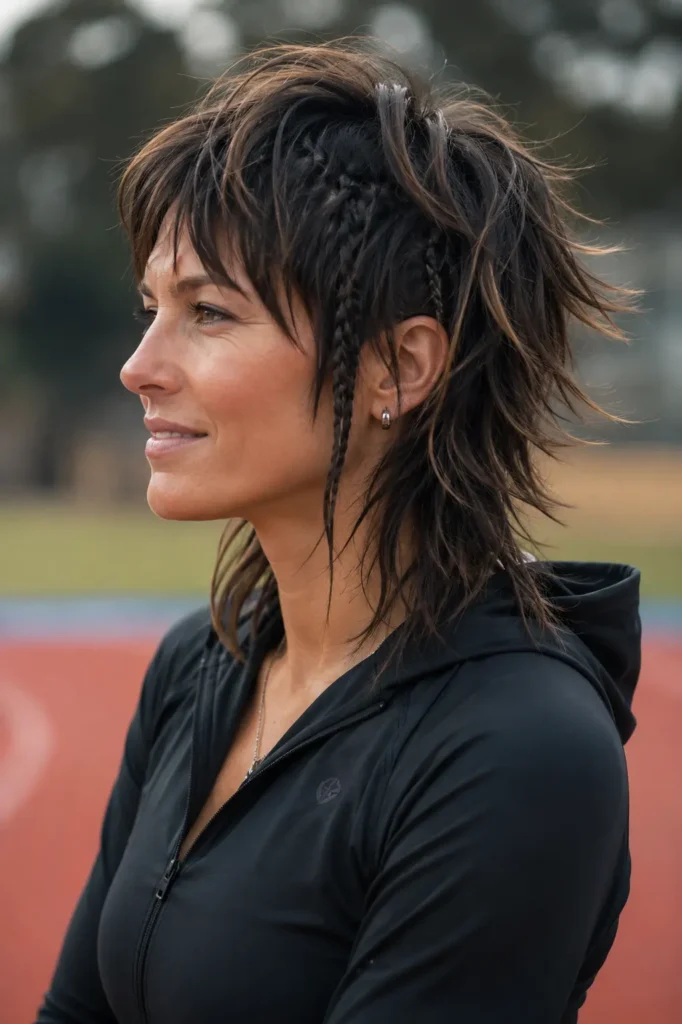 woman with a short wolf cut hairstyle featuring textured choppy layers and small accent braids, shown in a side-profile portrait. She wears a black lightweight fitness hoodie and has natural skin texture and authentic facial features