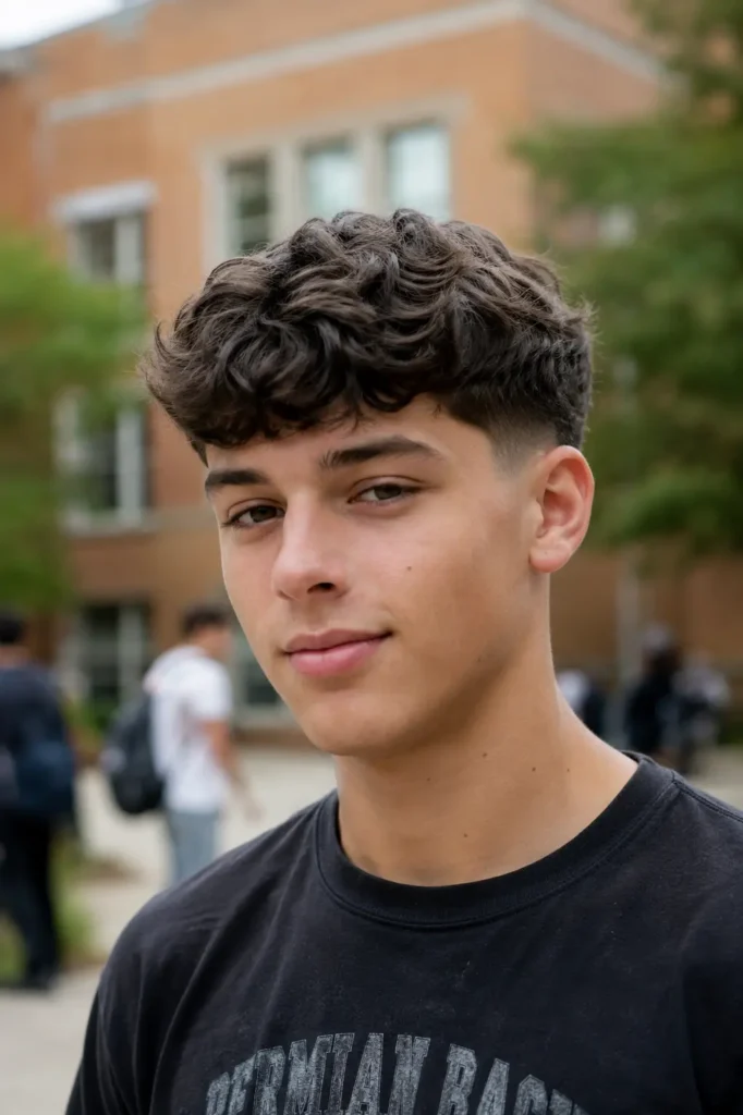 teenage boy with a short wavy crop haircut featuring natural textured waves on top and tapered fade sides, wearing a black t-shirt outdoors on a school campus. The hairstyle is the focal point, showcasing healthy wavy hair with soft volume and definition.