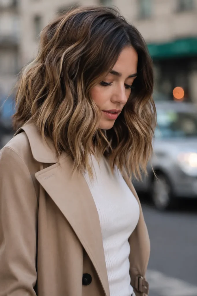 Young woman with a shoulder-length beach wave hairstyle featuring soft textured waves and natural volume,