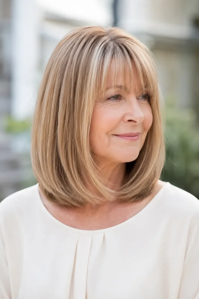a real English woman in her late 50s with a shoulder-length blunt haircut featuring soft internal layers. Her glossy blonde hair has natural movement and healthy shine, captured in bright outdoor daylight.