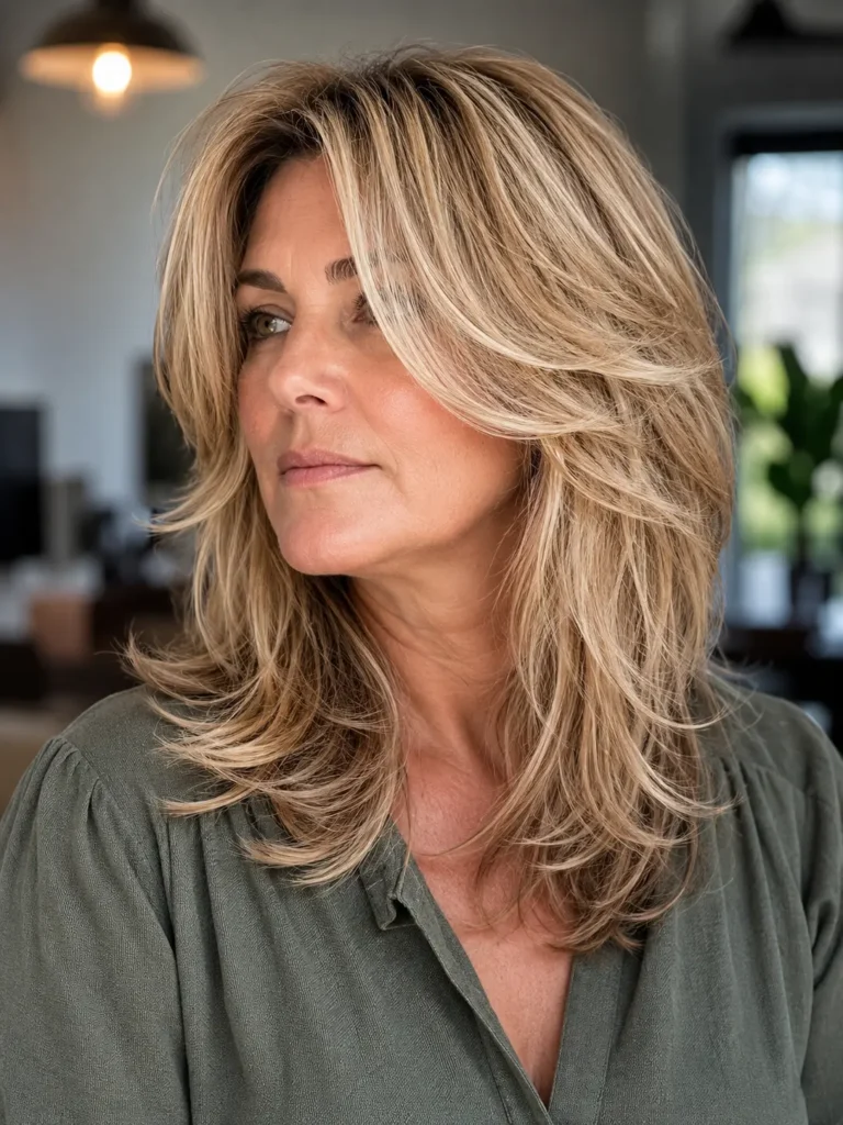 Portrait of a woman aged 40–60 with a shoulder-length butterfly layered hairstyle featuring voluminous face-framing layers and soft movement. The hair is the main focus, showing detailed texture, shape, and dimension. She wears a modest stylish blouse
