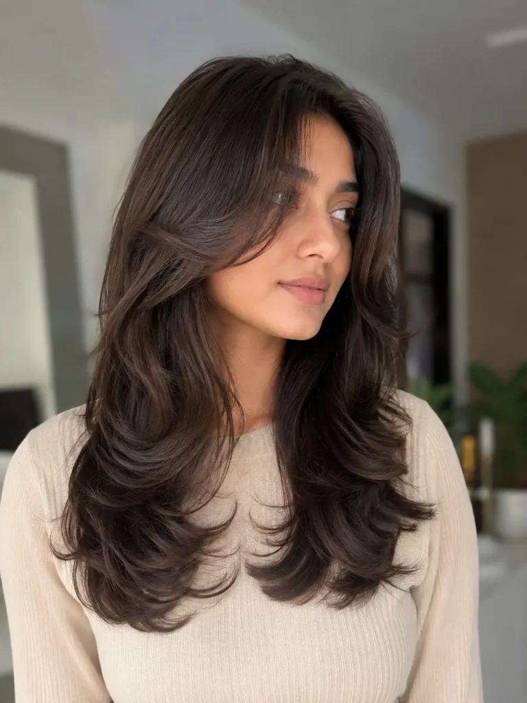 Young woman with a shoulder-length butterfly layered wavy hairstyle featuring voluminous face-framing layers and soft movement. The hair is the focal point of the portrait, showcasing detailed texture, volume, and layered structure. She wears a modest cream-colored top in a softly lit indoor setting with natural daylight and a blurred background