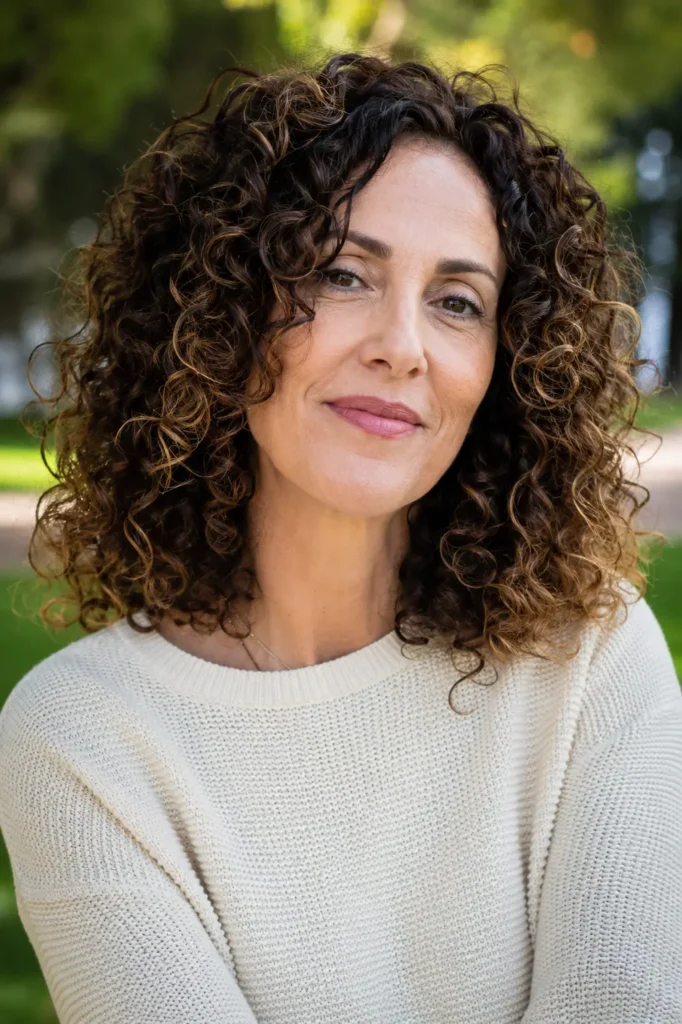 Portrait of a woman in her 40s with a shoulder-length curly hairstyle featuring defined, voluminous natural curls. The hair is the focal point of the image, showcasing detailed curl texture and movement. She wears a modest cream-colored top that covers the chest