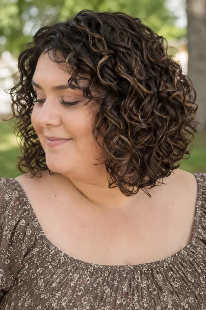 Close-up portrait of a plus-size woman with a shoulder-length curly lob hairstyle, featuring soft, defined curls framing her face. The haircut shape is clearly visible with voluminous, detailed curls in sharp focus. She wears a modest floral blouse