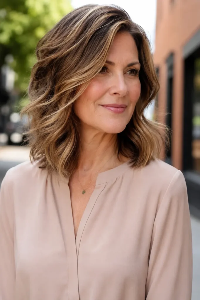woman aged 40–60 with shoulder-length hair featuring soft balayage highlights and dimensional color, photographed outdoors in a city setting. Her hair is the main focus, showcasing blended light and dark tones with natural movement and texture.