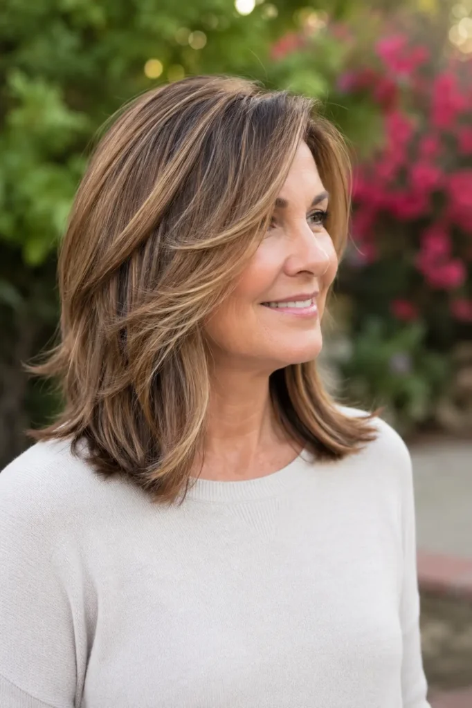 Portrait of a woman in her 40s with shoulder-length layered hair featuring warm caramel highlights. The dimensional color and hair texture are sharply detailed, with soft movement throughout the hairstyle. She wears a modest light-colored top and stands in a sunlit garden