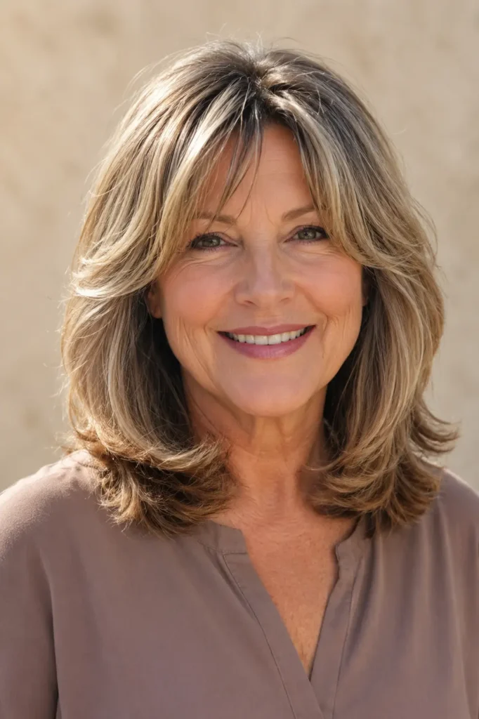 a 52–61-year-old English woman with shoulder-length hair styled in elegant curtain layers, featuring soft movement, healthy glossy shine, and detailed strands. She wears a modest light brown blouse against a soft beige background