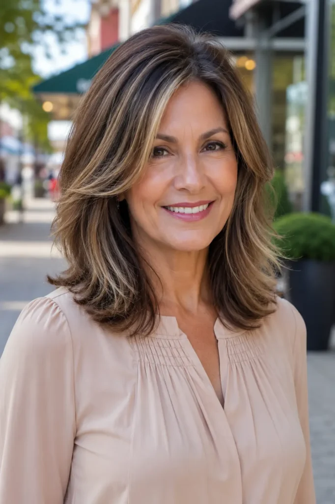 Portrait of a woman aged 40–60 with shoulder-length layered hair featuring face-framing blonde highlights. Her hairstyle is the focal point, showcasing dimensional color, soft movement, and detailed texture. She wears a modest beige blouse