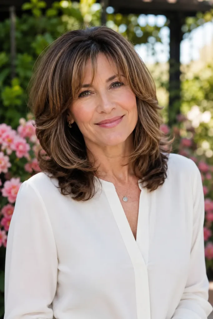 Portrait of a real woman in her 40s to 60s with a shoulder-length layered hairstyle featuring soft face-framing layers and natural movement. She wears a modest cream blouse and smiles gently in an outdoor floral garden