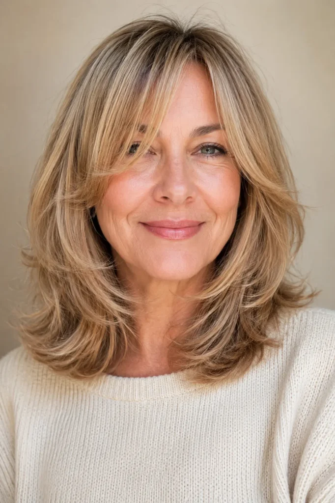 a real English woman aged around 55 with shoulder-length hair featuring long face-framing layers. Her glossy, salon-quality blonde hair has soft movement and detailed layered texture, photographed in bright natural daylight against a softly blurred cream background.