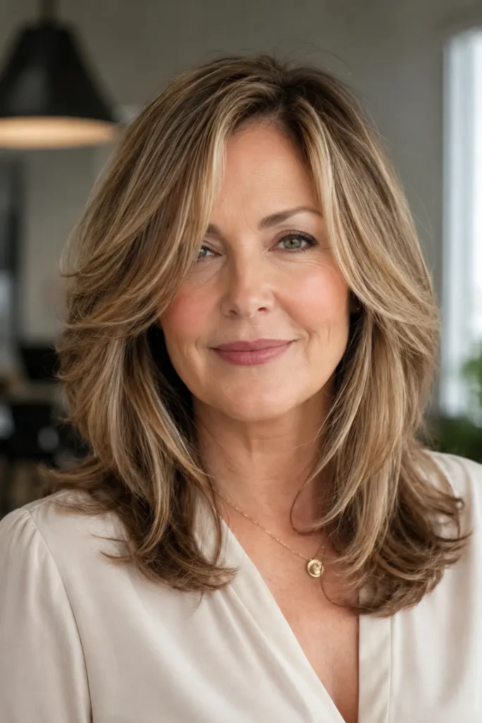 woman aged 40–60 with shoulder-length hair featuring long, soft layers and cascading movement. The hairstyle is the main focus, showing detailed texture and volume. She wears a modest elegant cream blouse that covers the chest and is photographed indoors in natural daylight