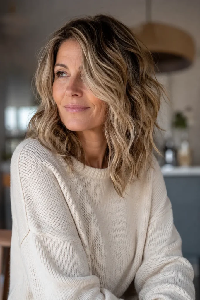 Woman aged 40–60 with a shoulder-length loose beach wave hairstyle, featuring soft textured waves and natural volume. She wears a modest cream sweater in a cozy indoor home setting with natural daylight. The hairstyle is the focal point, showcasing detailed wave texture and dimensional color