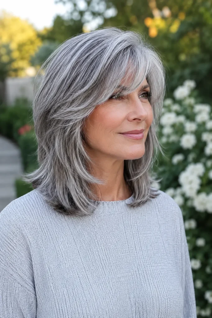 Portrait of a woman aged 45–65 with a shoulder-length hairstyle featuring dimensional silver highlights and soft layers. Her silver-toned hair is the focal point, showcasing natural shine, texture, and movement. She wears a modest light-colored outfit and stands in a sunlit garden with a softly blurred floral background