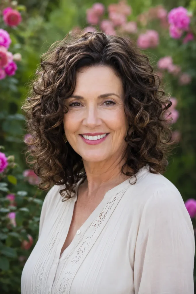 Portrait of a woman in her 40s–60s with shoulder-length soft curly hair featuring defined loose curls and natural volume. The hairstyle is the focal point, showcasing detailed curl texture and fullness. She wears a modest cream blouse and smiles gently while standing in a floral garden.
