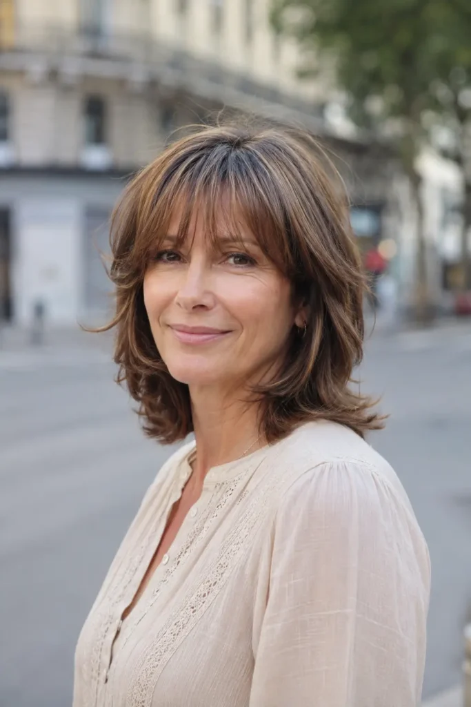 Portrait of a real woman in her 40s with a shoulder-length layered hairstyle featuring soft feathered bangs. Airy layers add movement and texture, with the hairstyle as the main focus. She wears a modest light-colored blouse and stands on a sunlit city street