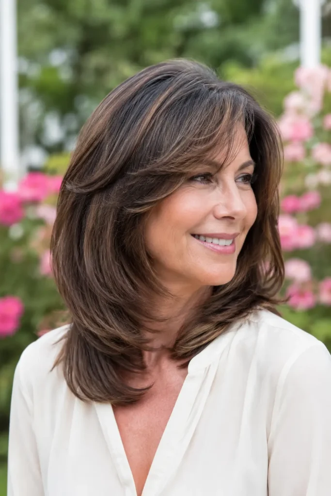 Portrait of a real woman in her 40s to 60s with a shoulder-length layered hairstyle and soft side bangs. Her hair features face-framing layers with natural movement and volume, showcased in sharp detail. She wears a modest light-colored blouse and smiles gently in an outdoor floral garden setting