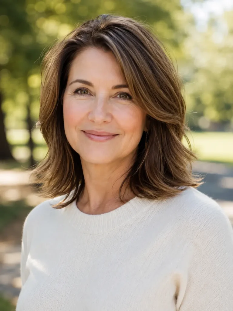 Portrait of a real woman aged 40–60 with a shoulder-length layered hairstyle featuring soft, subtle layers and natural movement. She wears a modest cream-colored sweater and stands outdoors in a sunlit park. The hairstyle is the focal point