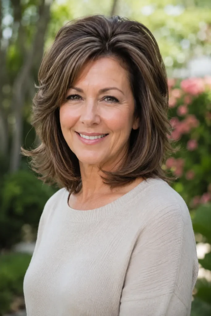Portrait of a woman aged 40–60 with a shoulder-length layered hairstyle featuring noticeable crown volume and lifted roots. Soft layers add movement and texture, while the hairstyle remains the focal point of the image. She wears a modest light-colored top that covers the chest