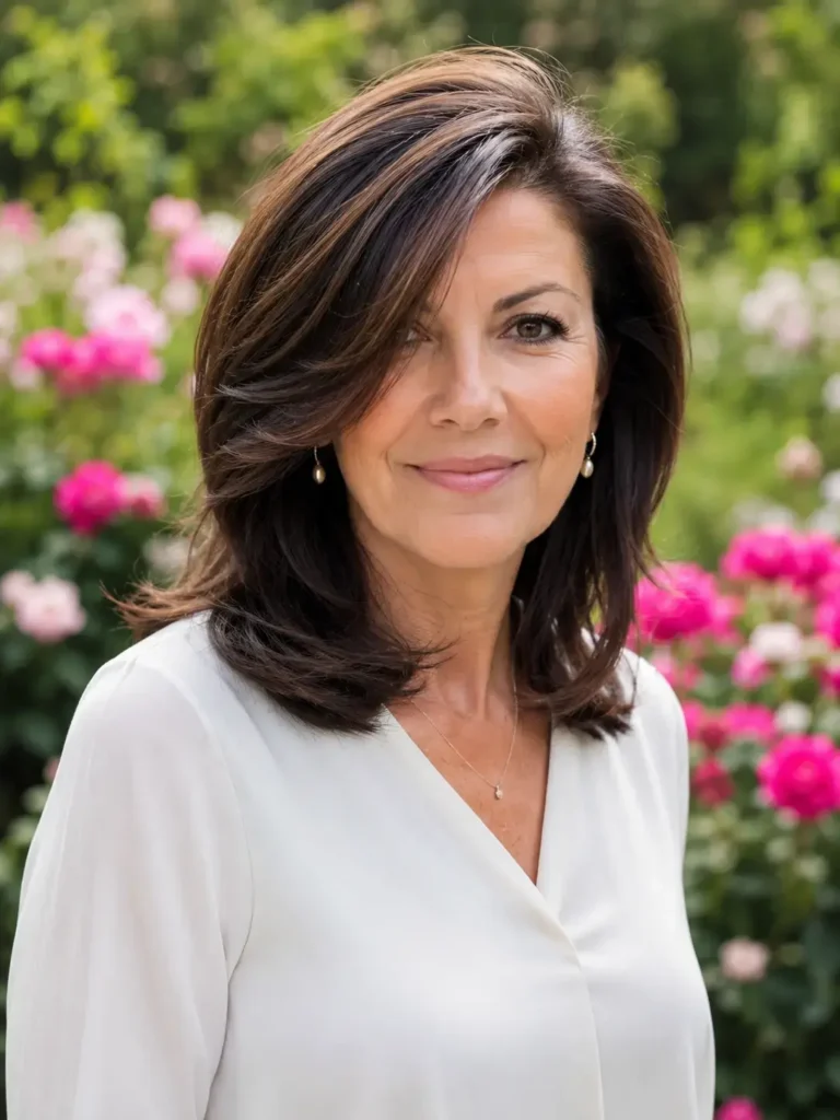 Portrait of a real woman in her 40s with a shoulder-length layered hairstyle featuring a deep side part, voluminous roots, and soft movement. Her dark hair frames her face with natural texture and body, making the hairstyle the focal point of the image. She wears a modest light-colored blouse and stands in a blooming floral garden under natural daylight.