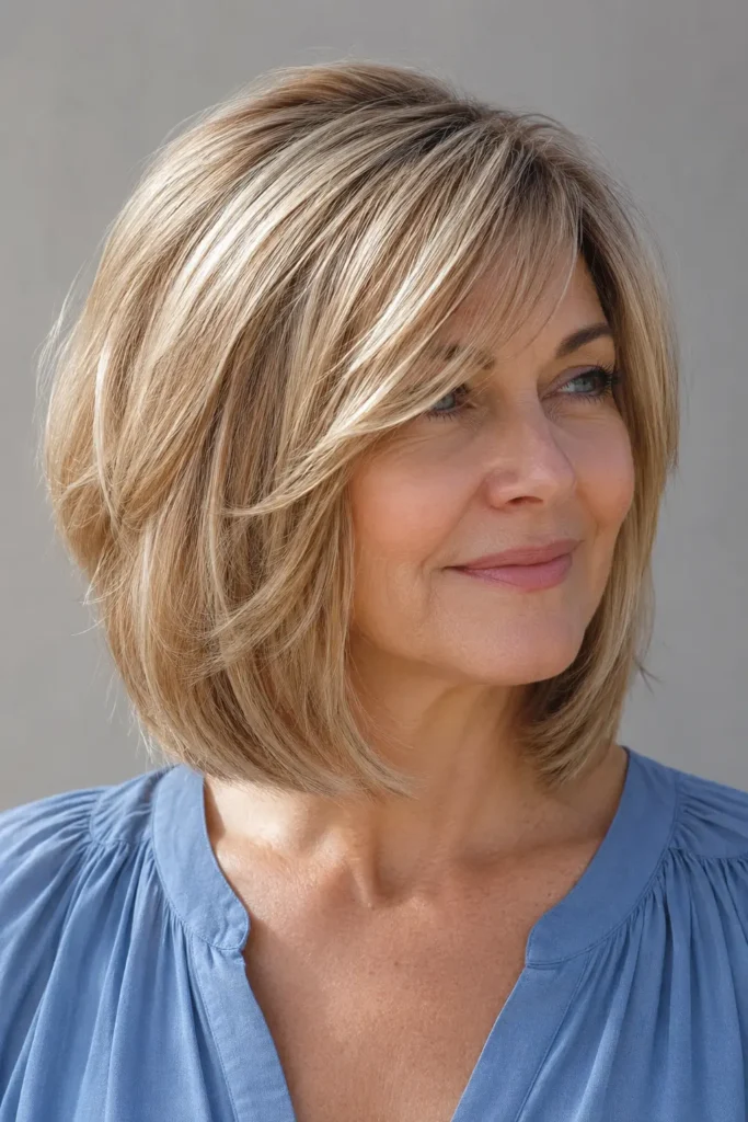 a real English woman in her 50s with a shoulder-length layered bob hairstyle. Her hair features soft, textured layers with healthy shine and natural movement, illuminated by bright daylight