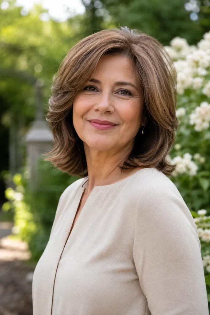 Realistic portrait of a woman in her 40s to 50s with a shoulder-length layered bob haircut featuring soft volume, texture, and face-framing layers. She wears a modest light-colored blouse and stands in a sunlit garden with blooming flowers and lush greenery