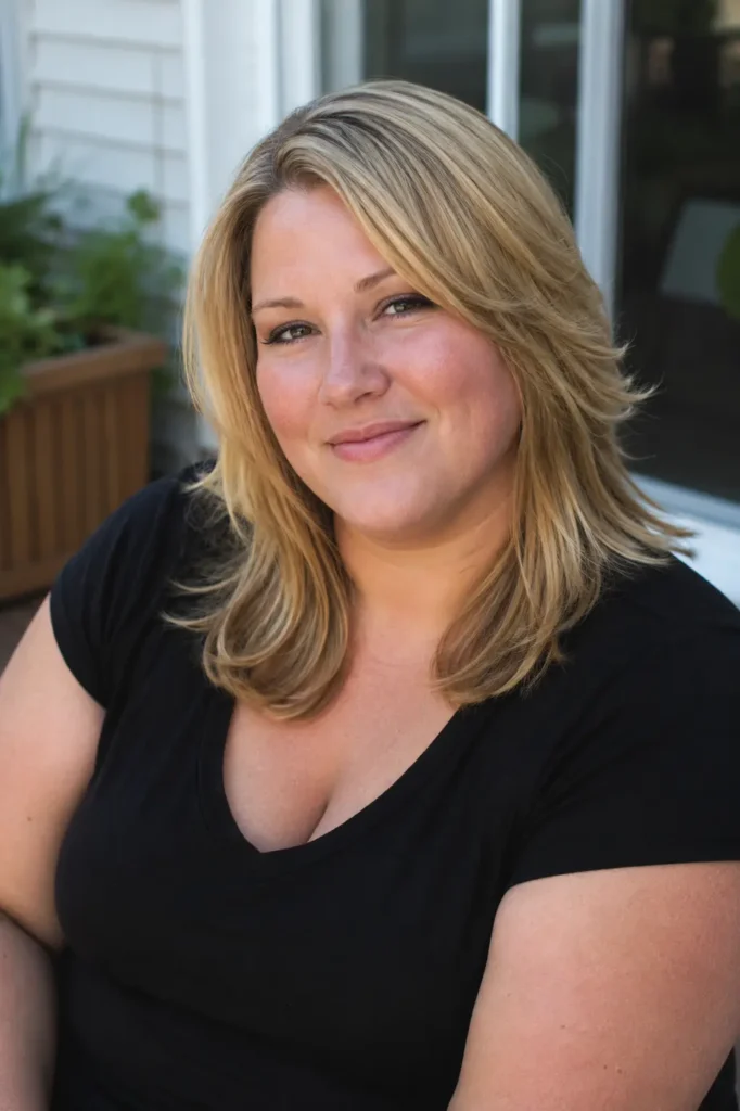 English plus-size woman with a shoulder-length layered haircut in light beige blonde, photographed outdoors in bright natural daylight