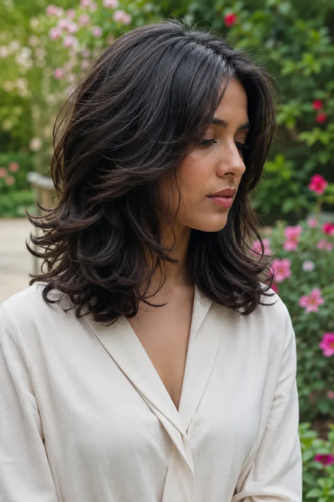woman in her mid-20s with a shoulder-length layered wavy hairstyle, featuring soft cascading layers and natural movement.