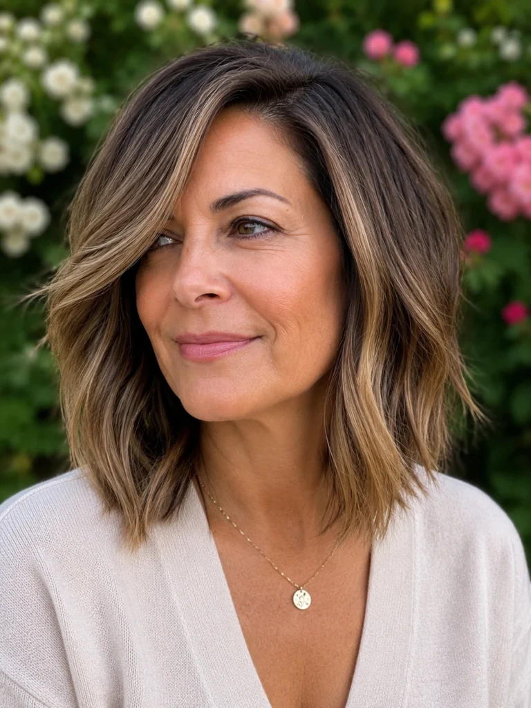 woman aged 40–55 with a shoulder-length lob haircut and deep side part, featuring soft layers and natural movement. The hairstyle is the focal point of the portrait, showing detailed texture and smooth volume. She wears a modest light-colored outfit,
