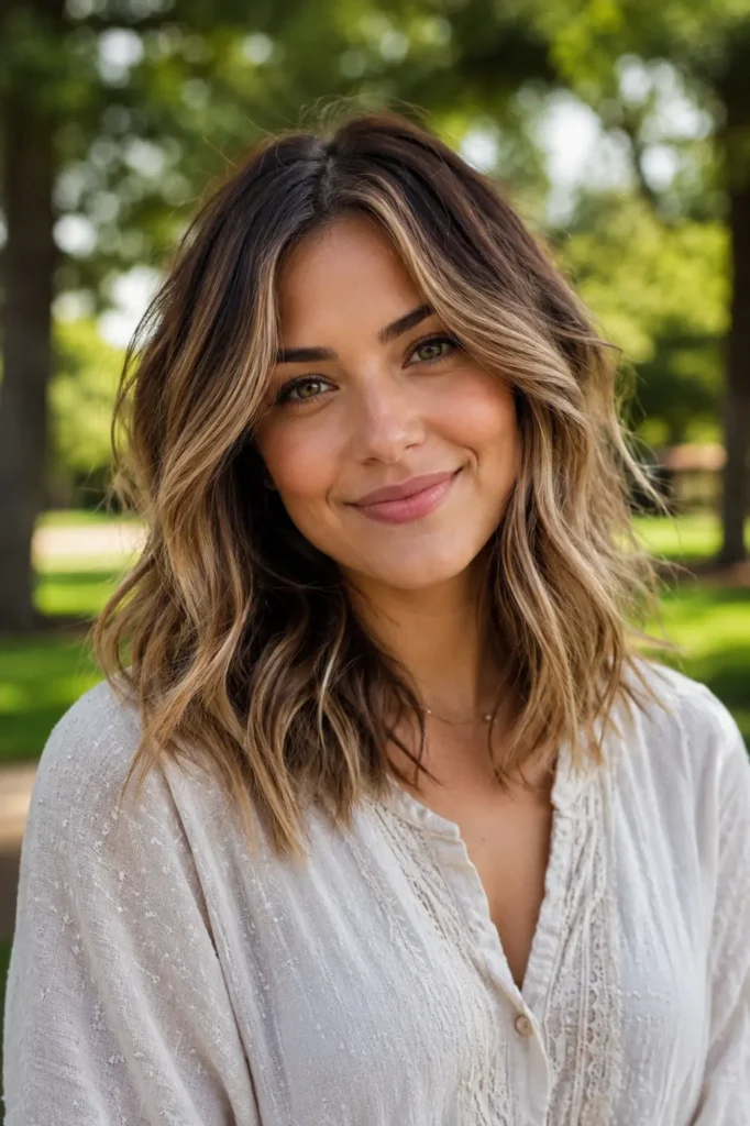 Young woman with a shoulder-length loose wavy hairstyle featuring balayage highlights and dimensional color. The softly textured waves frame her face, showcasing natural movement and depth. Photographed outdoors in a sunlit park, she wears a modest light-colored blouse