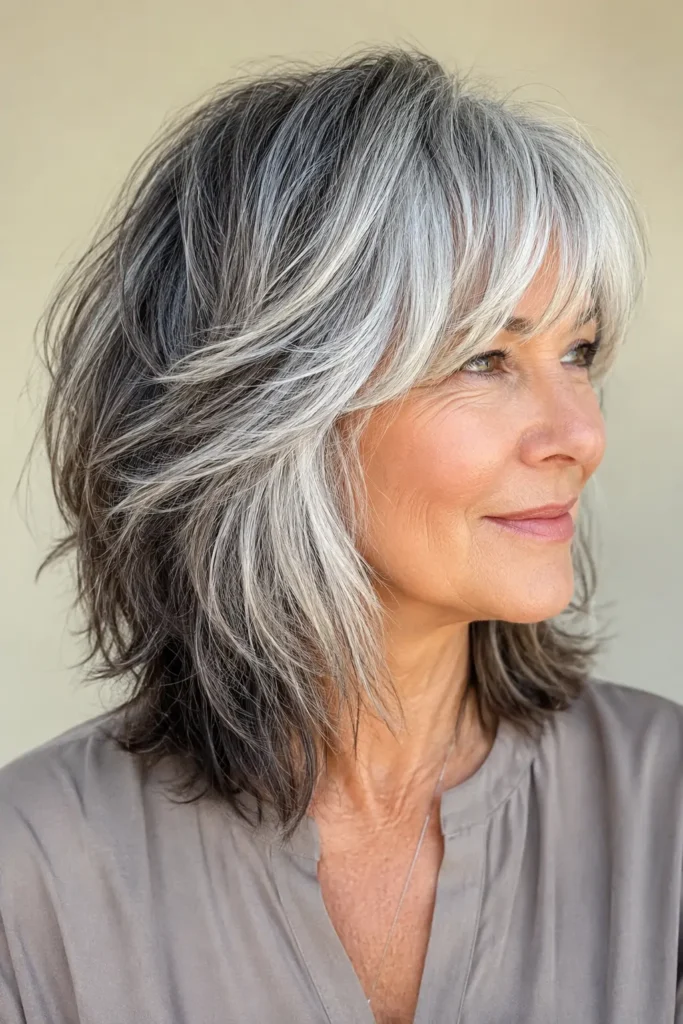 an English woman aged around 60 with a shoulder-length salt and pepper shag haircut featuring textured layers and soft curtain bangs.