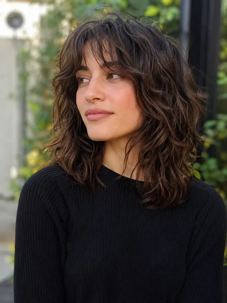Young woman with a shoulder-length shag haircut for wavy hair, featuring textured layers and natural volume. The hairstyle is the focal point, showing soft movement and detailed wave texture. She wears a modest black knit top and stands outdoors