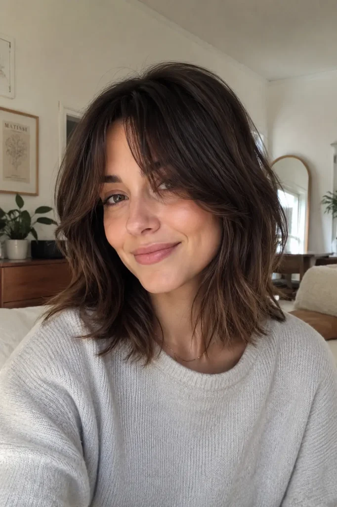 woman with a shoulder-length brunette shag haircut featuring soft layers, natural texture, and effortless movement. She wears a cozy light-colored sweater in a bright home setting with soft daylight.