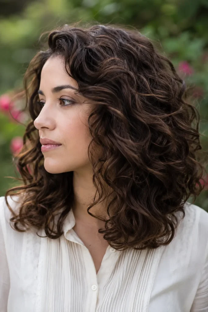 oung woman with shoulder-length soft curly waves standing in a botanical garden, featuring defined curls, natural volume, realistic skin texture, and a modest light-colored blouse. The portrait is captured in natural daylight with sharp focus on the detailed curl texture